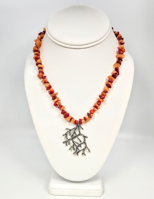 Coral Pendant + Dyed Bamboo and Quartz Chip Necklace