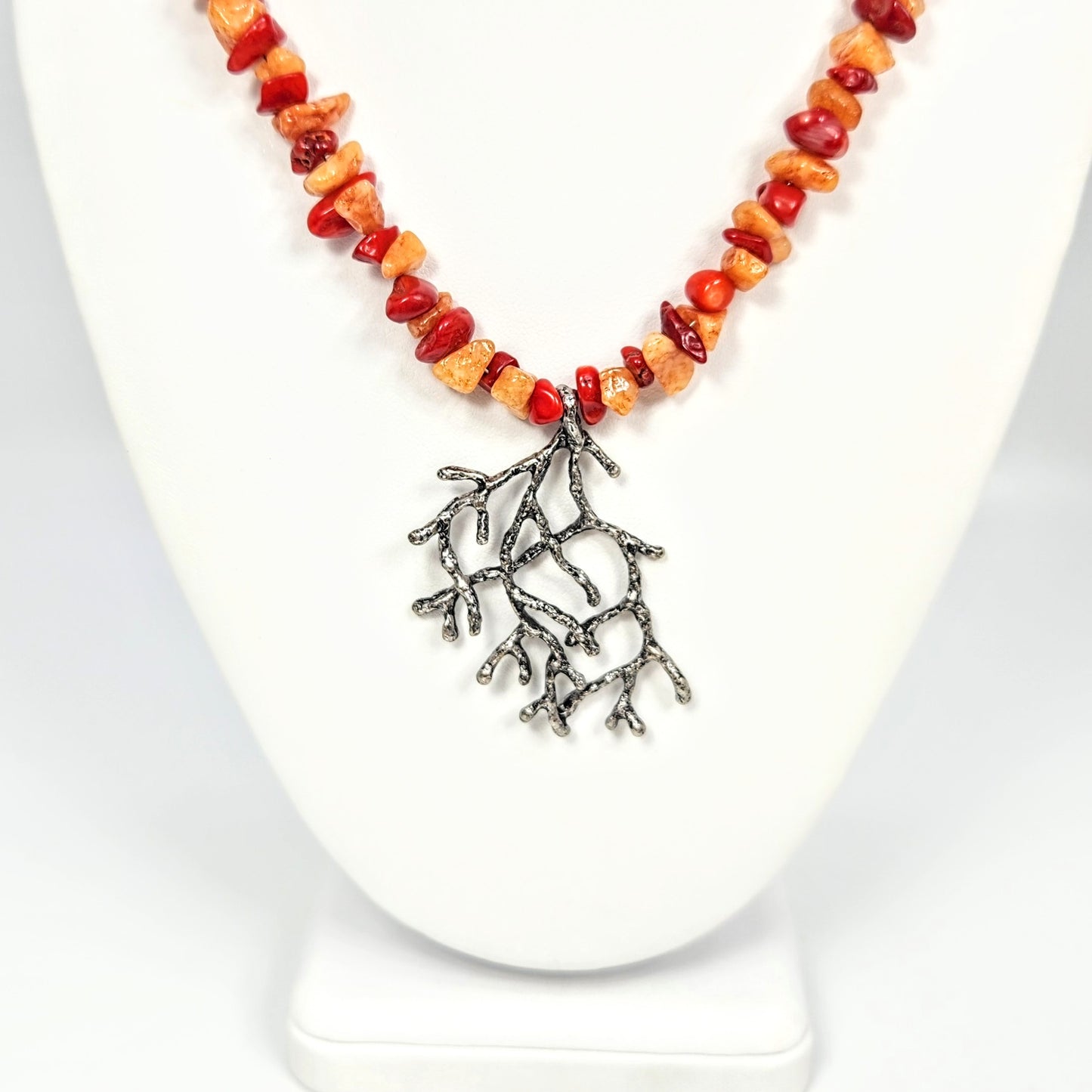 Coral Pendant + Dyed Bamboo and Quartz Chip Necklace