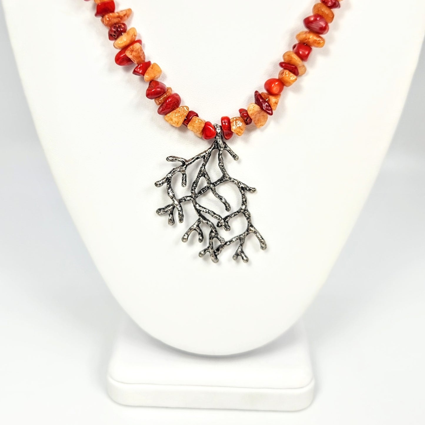 Coral Pendant + Dyed Bamboo and Quartz Chip Necklace