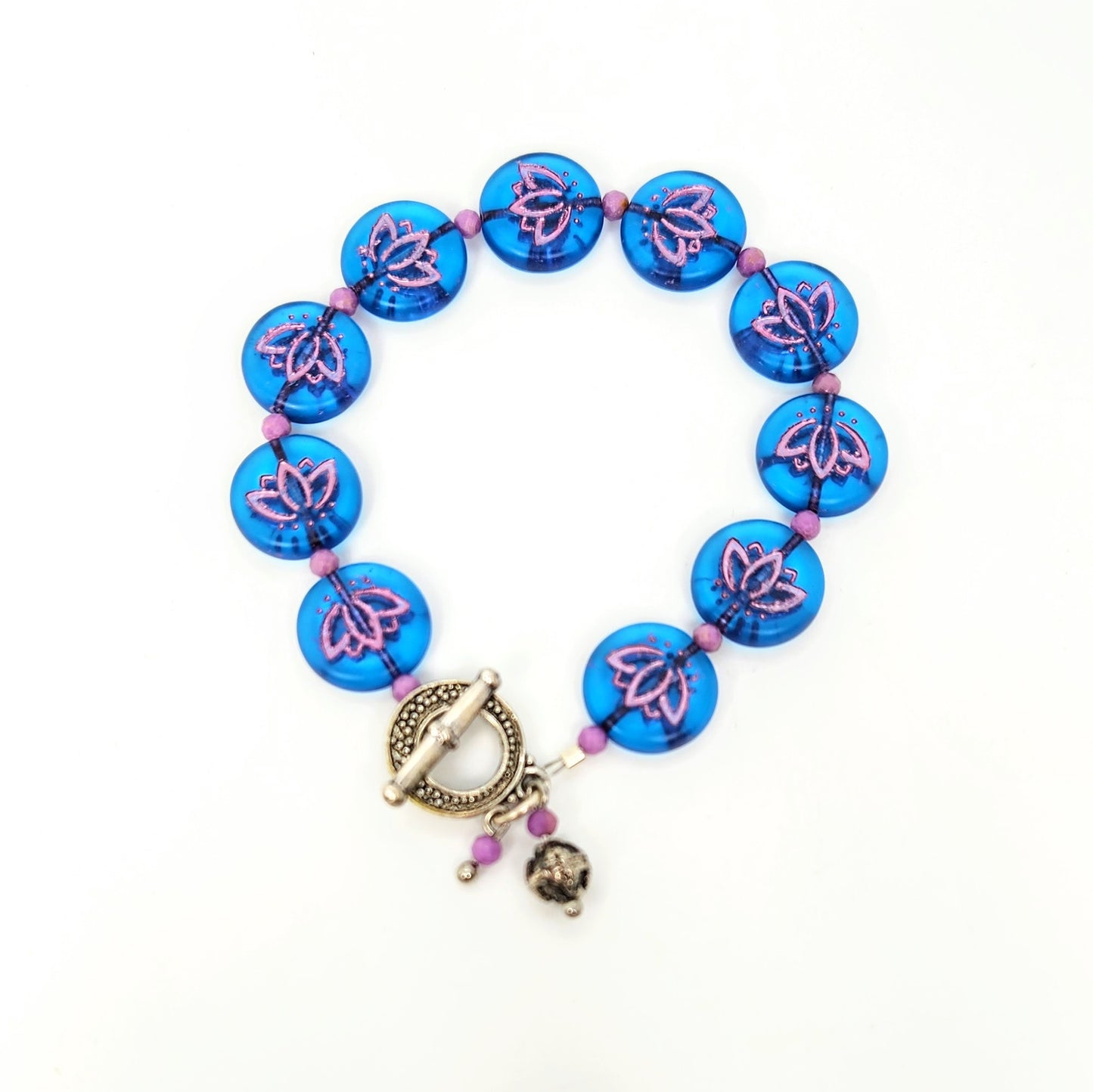 Pink Lotus on Blue Bracelet