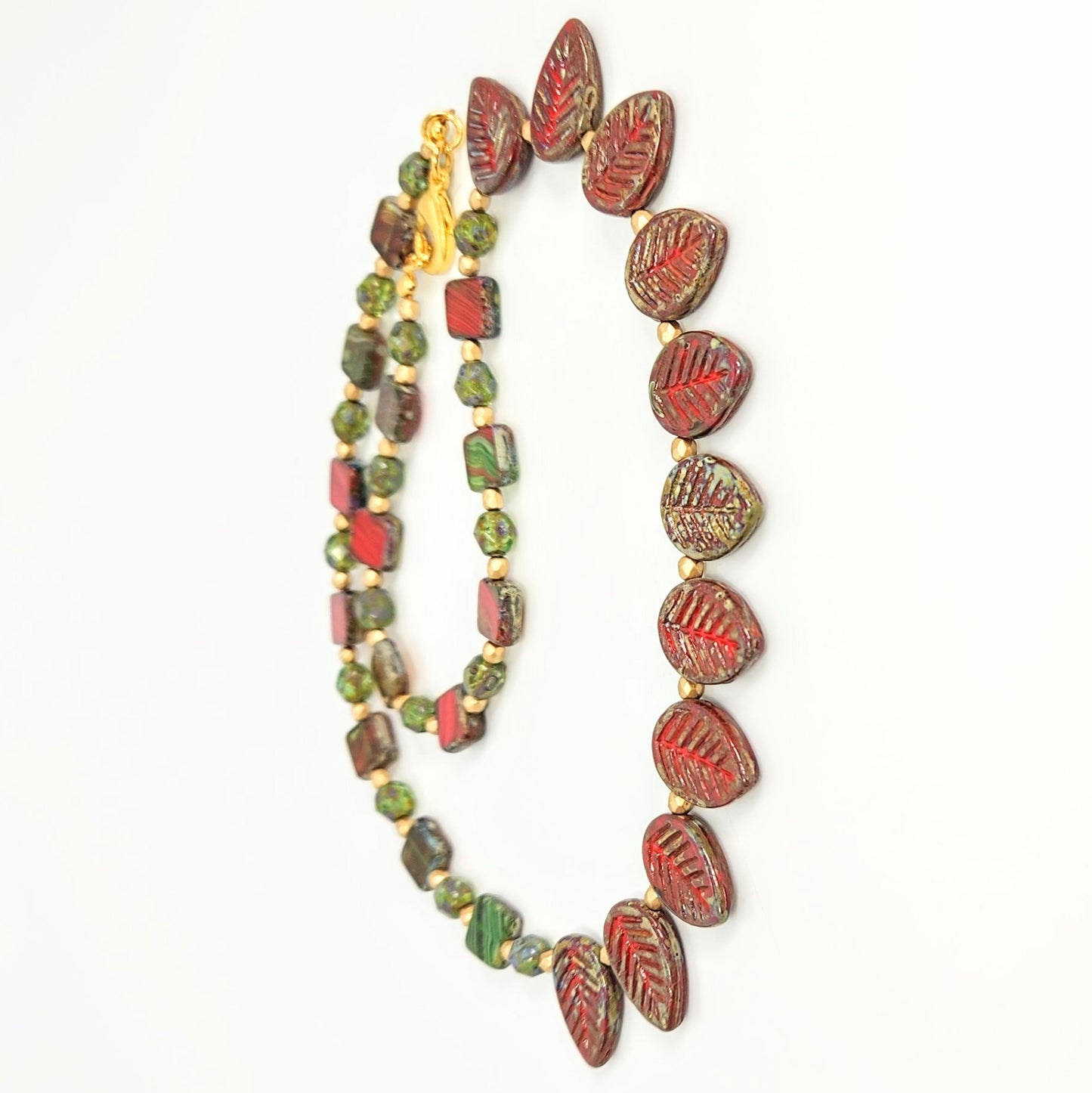 Leaves + Squares Red & Green Necklace