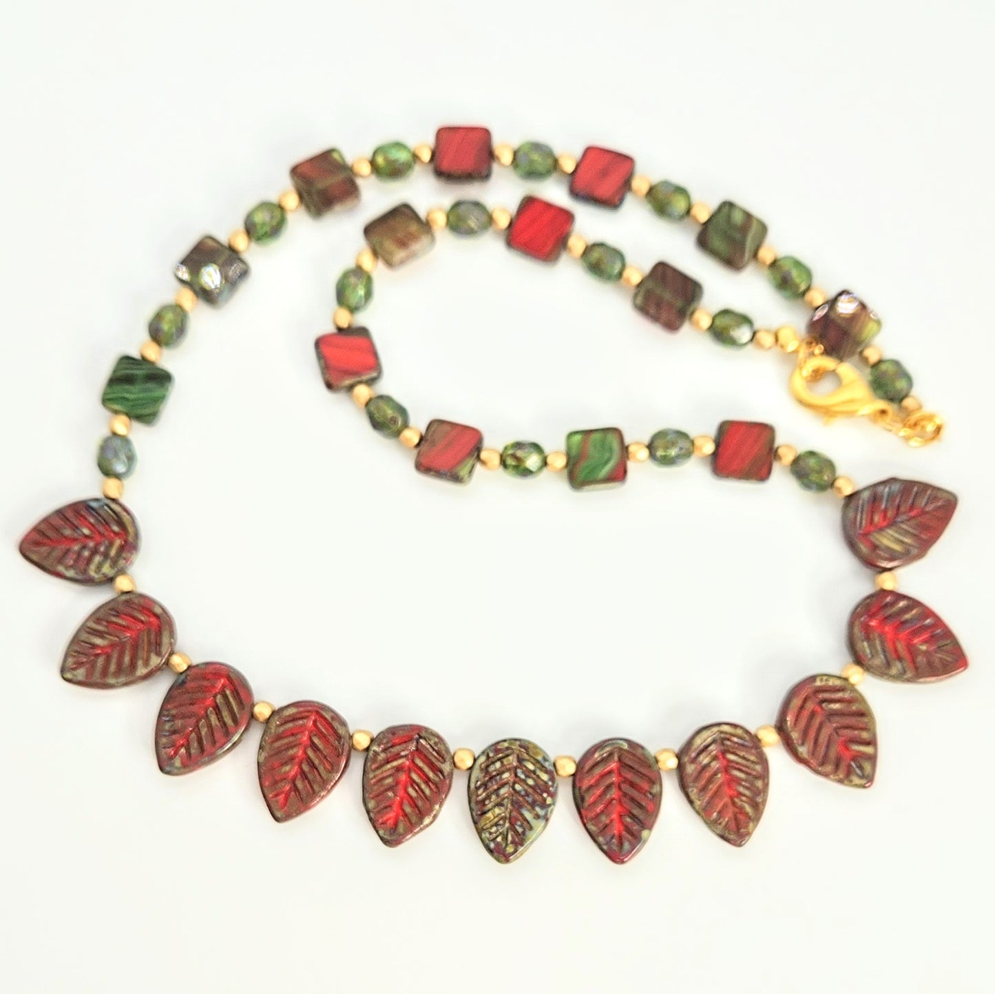 Leaves + Squares Red & Green Necklace