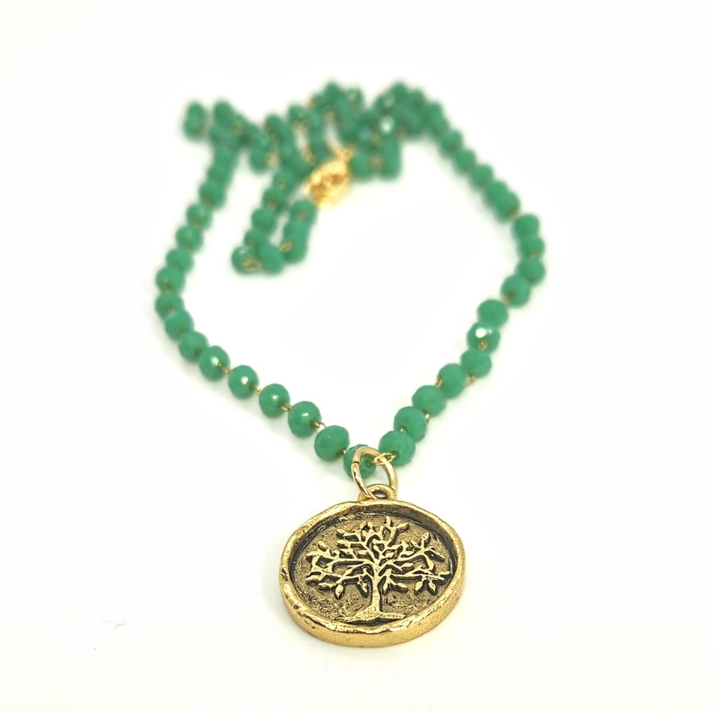 Tree + Green Crystal Chain Necklace