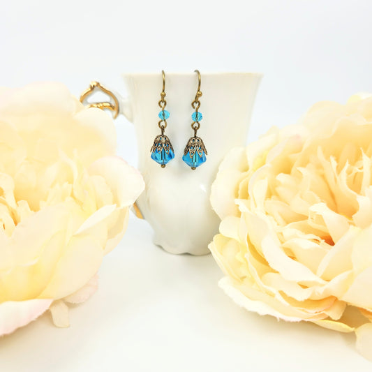 Blue Glass +Bead Cap Earrings