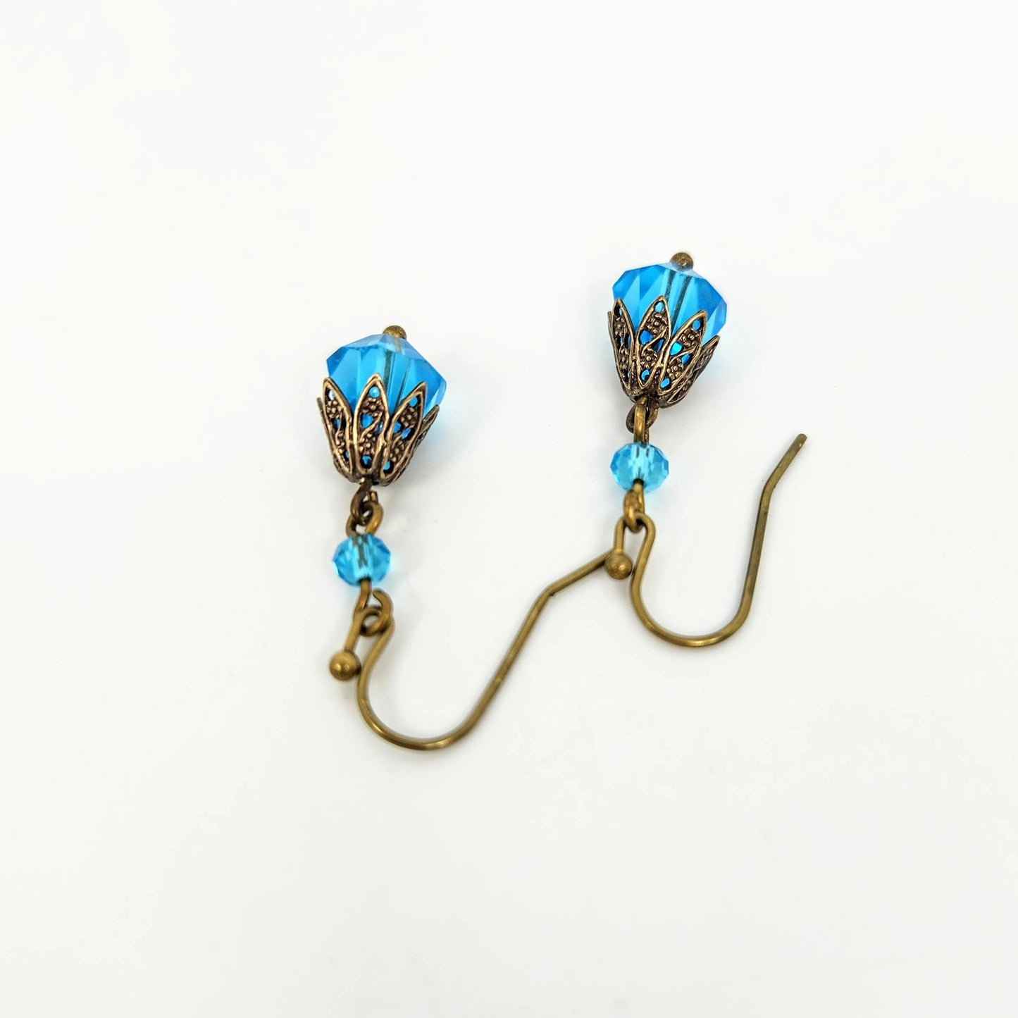 Blue Glass +Bead Cap Earrings