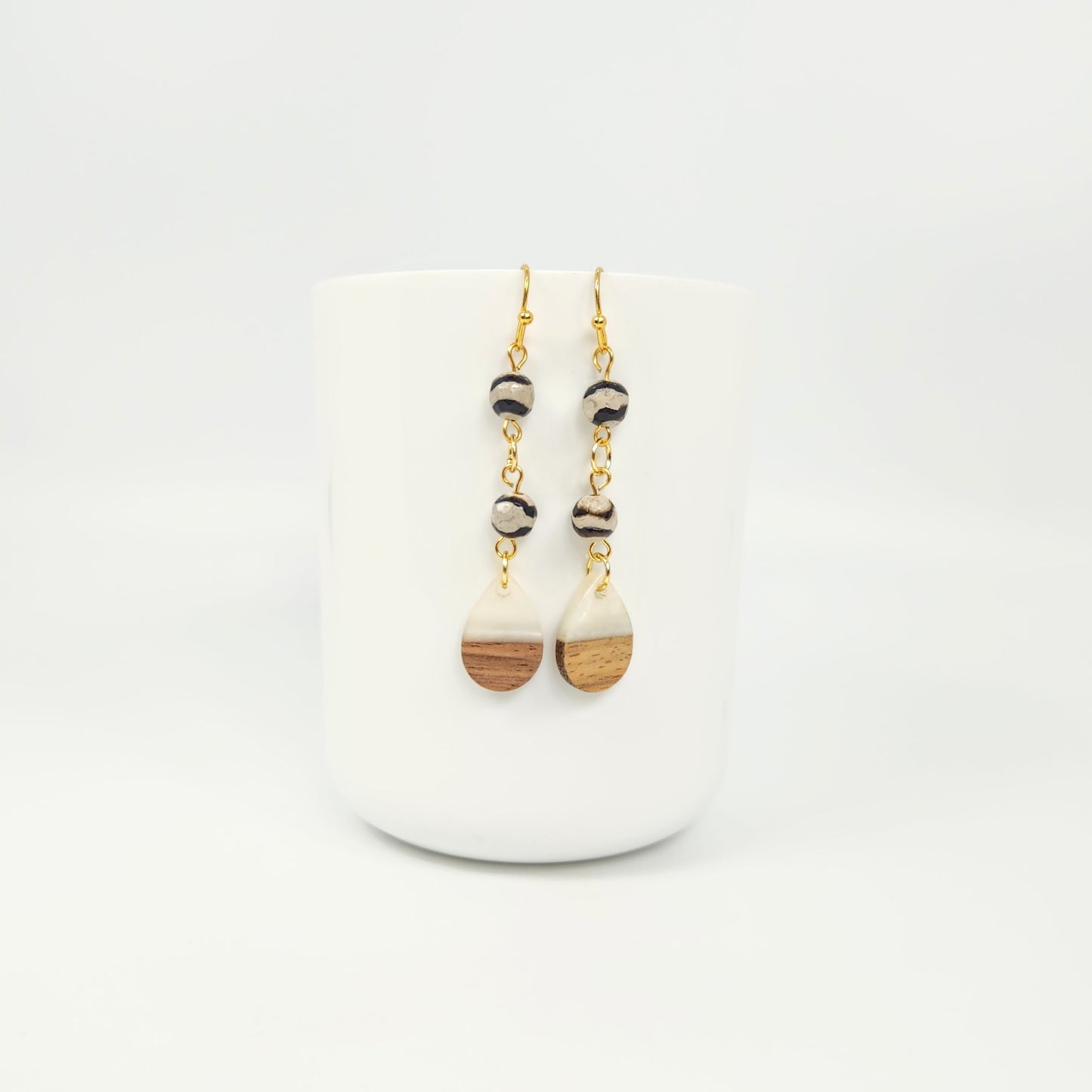 Wood & Resin Teardrops + Etched Agate Earrings
