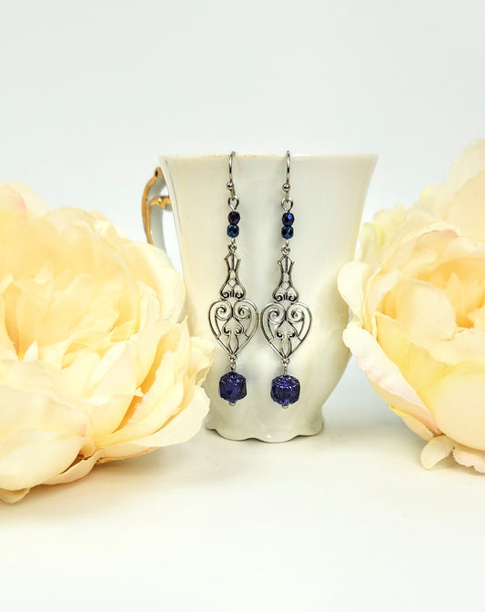 Indigo Victorian Heart + Cathedral Earrings