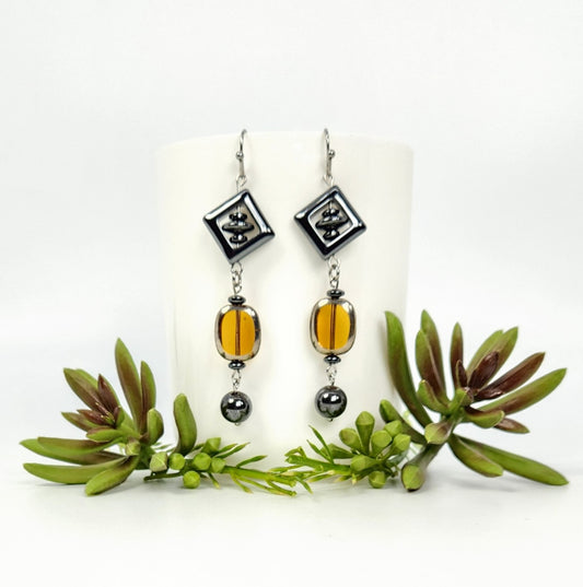 Hematite + Amber Glass Earrings