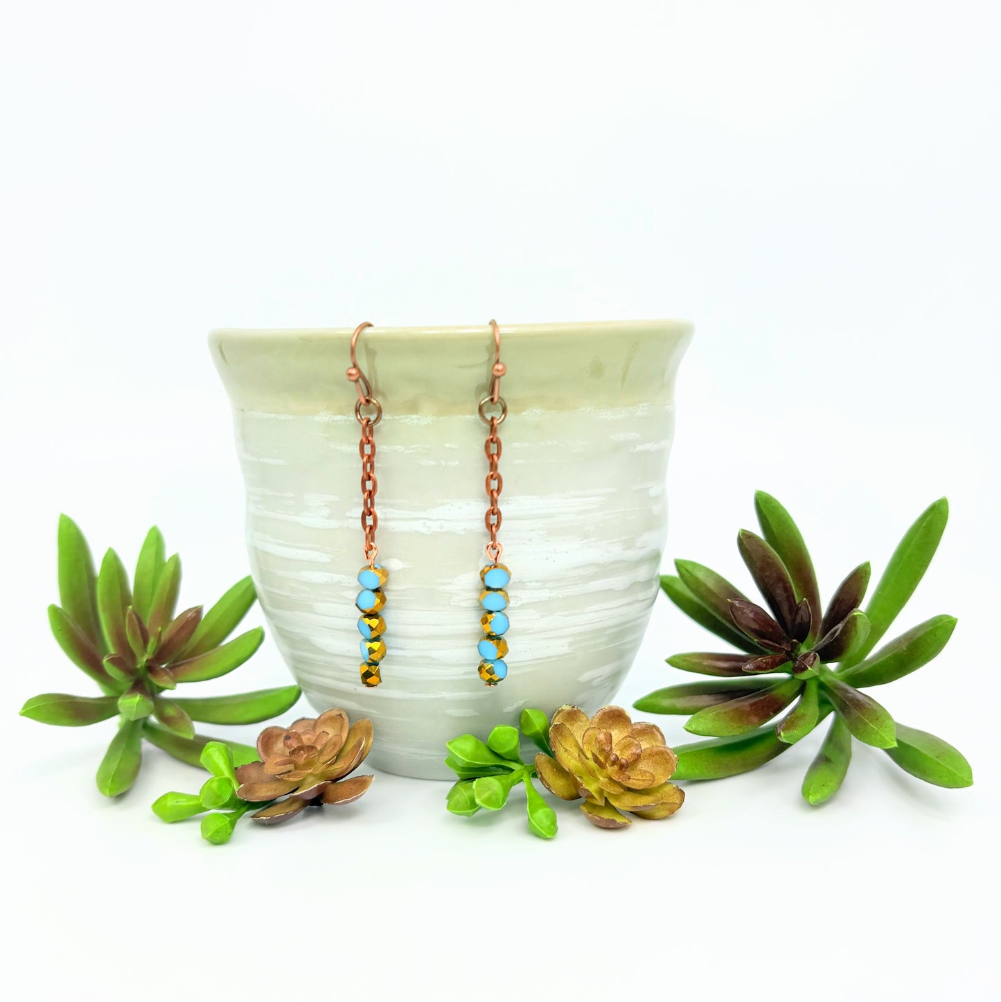 Blue Glass + Cooper Chain Dangle Earrings