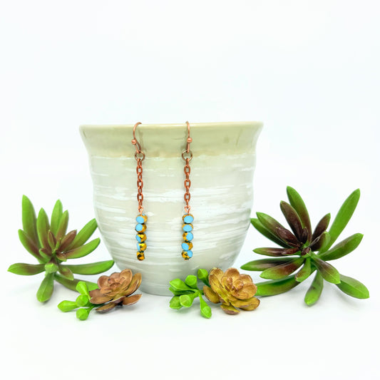 Blue Glass + Cooper Chain Dangle Earrings