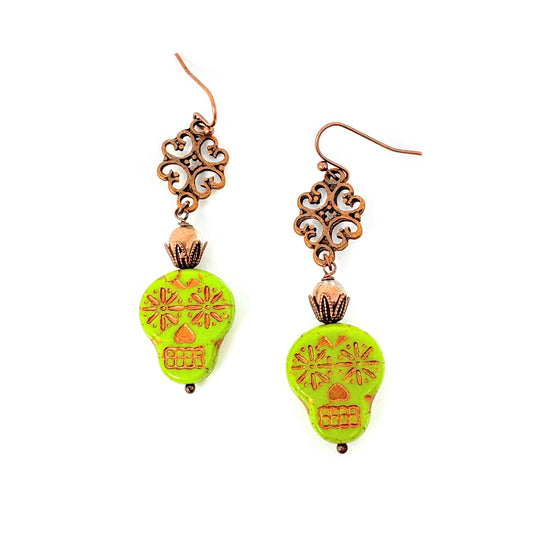 Chartreuse Skull + Crown Earrings