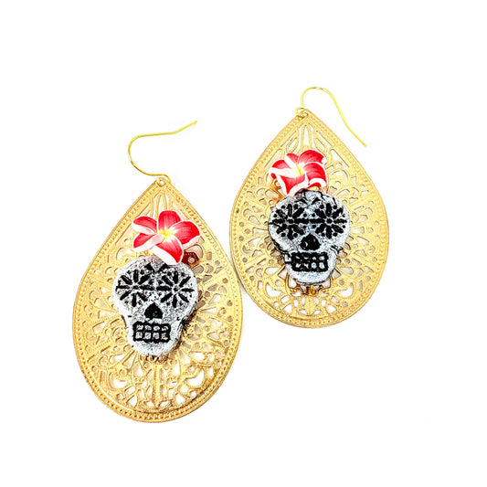Plumeria + Skull on Filigree Earrings