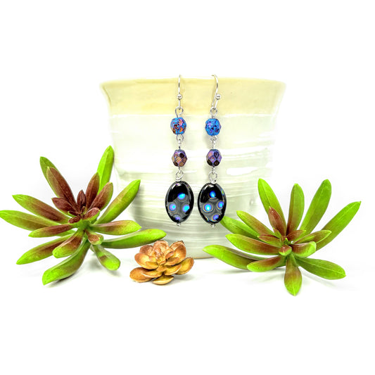 Jet + Blue Polka Dot Oval Earrings