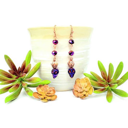 Metallic Purple Skull + Crown Earrings