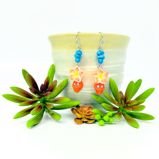 Orange Skull + Plumeria Earrings