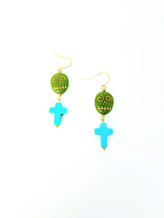 Chartreuse Skull + Cross Earrings
