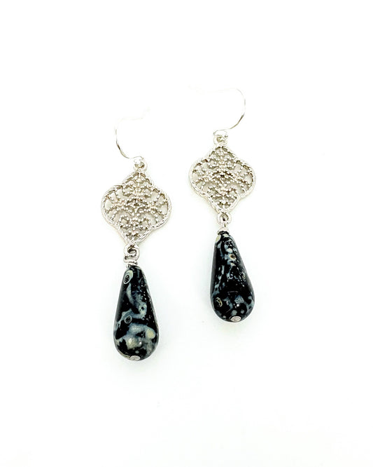 Filigree Link + Jet Teardrop Earrings