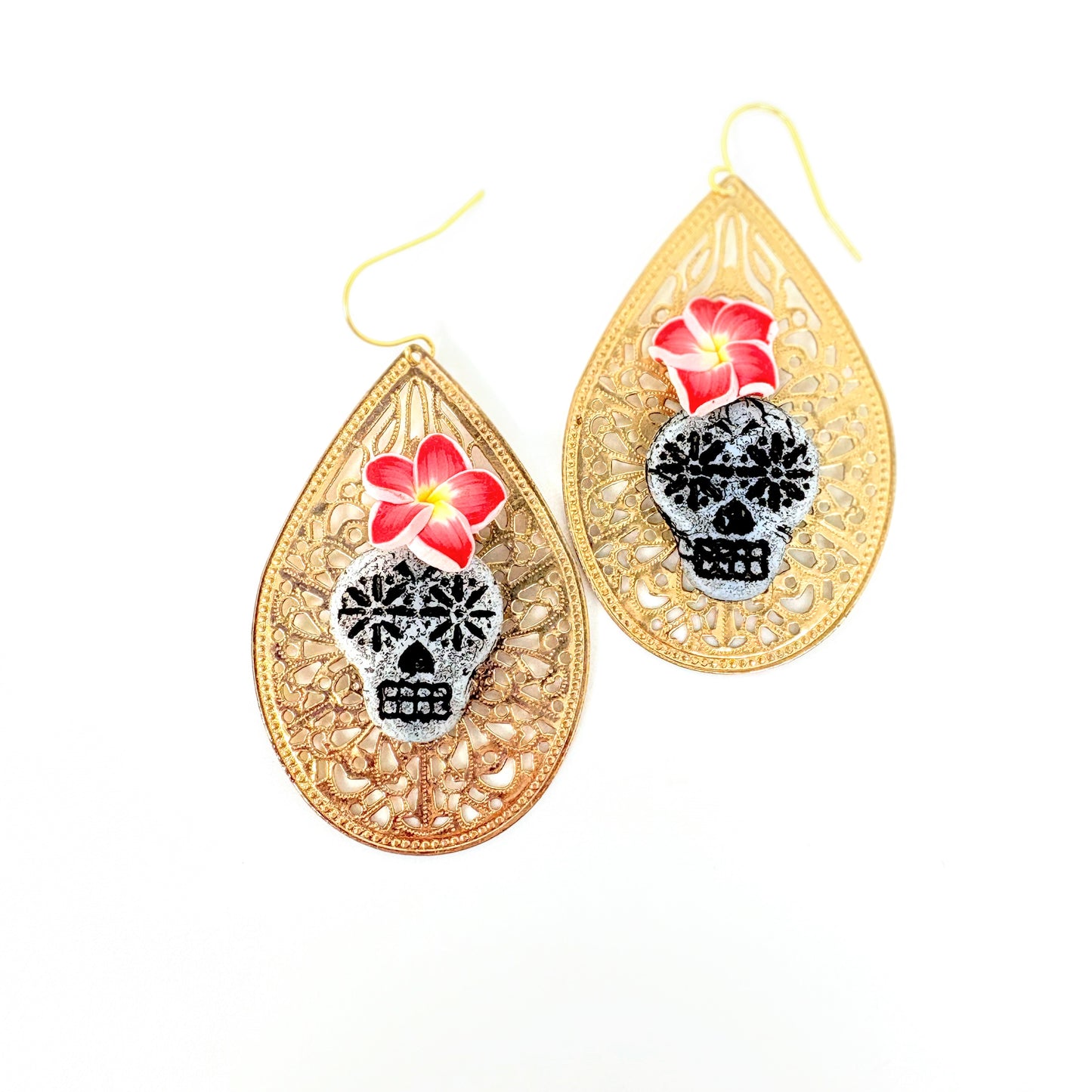 Plumeria + Skull on Filigree Earrings