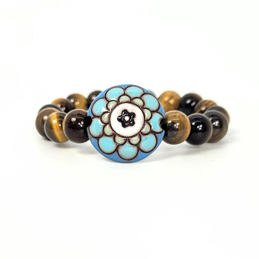 Tiger Eye + Blue Flower Bracelet