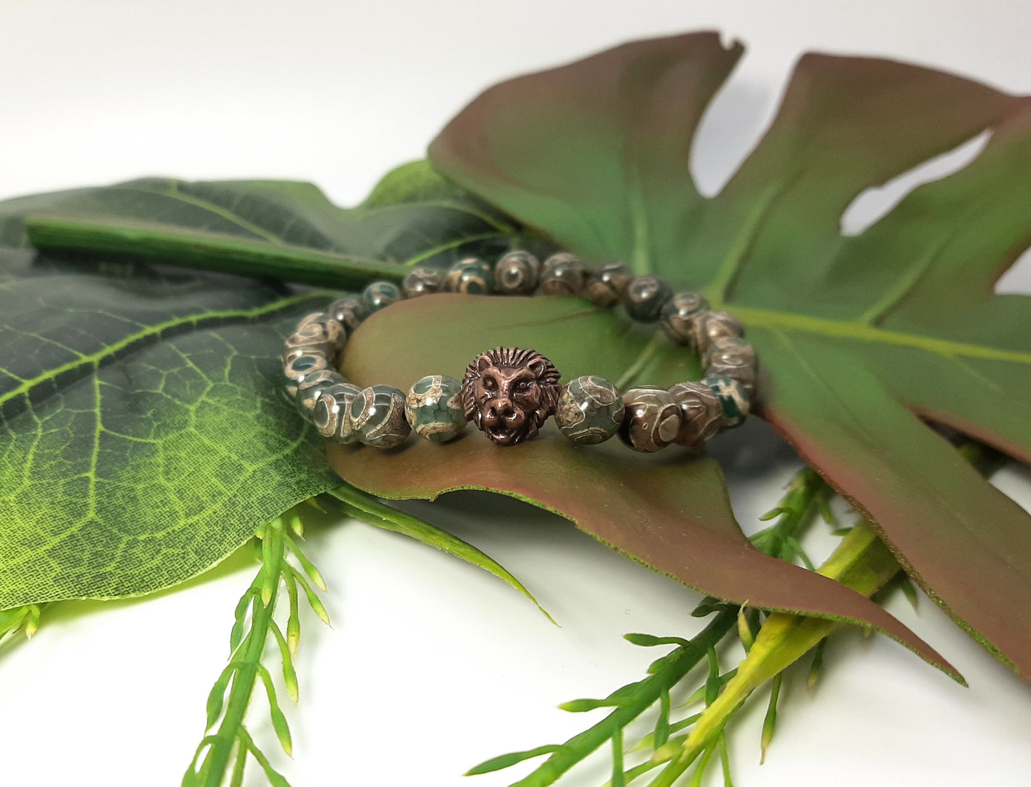 Agate Dzi Eye + Copper Tone Lion Bracelet