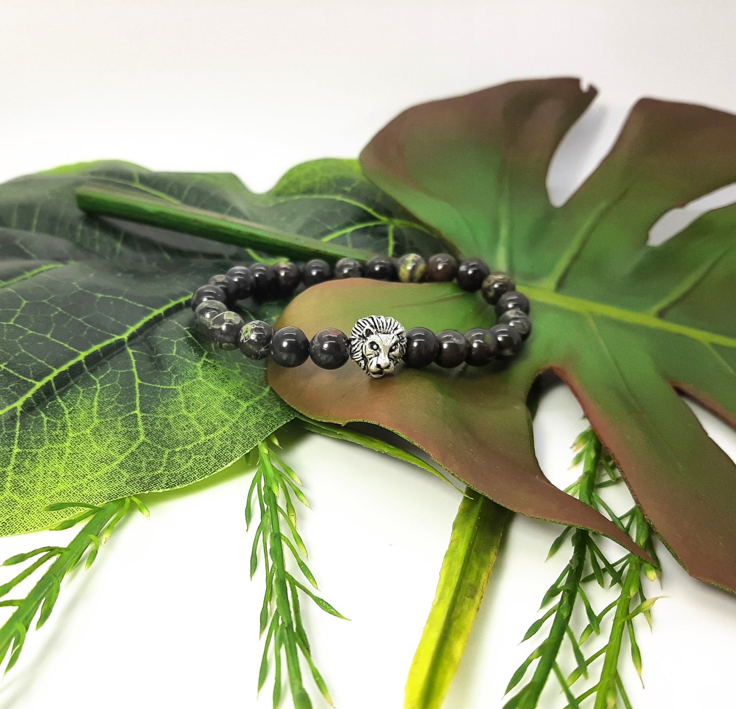 Kambaba Jasper + Antique Silver Toned Lion Focal Bracelet