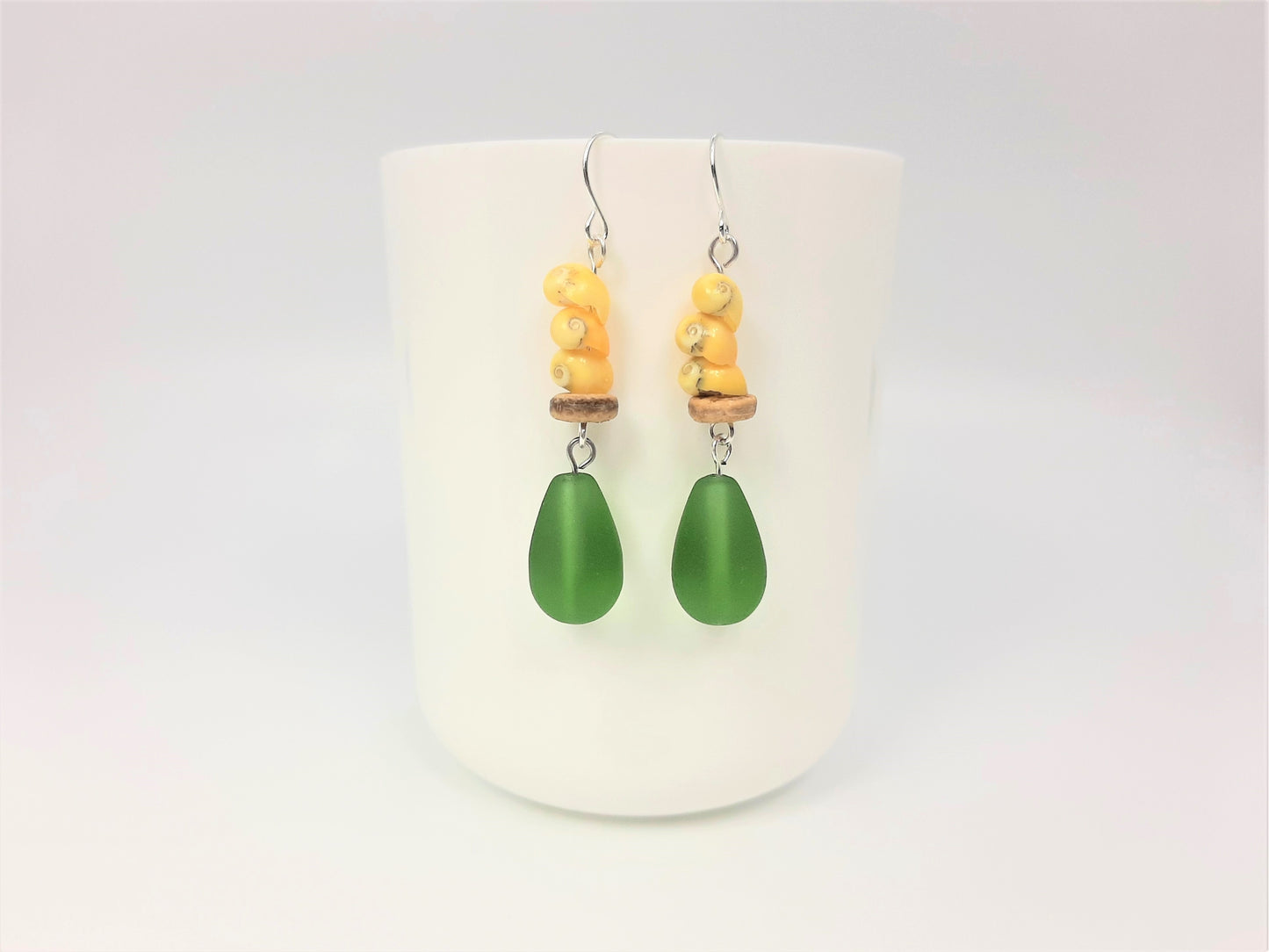 Snail Shells Gold + Coconut Spacers +  Green Recycled Glass Teardrop Earrings