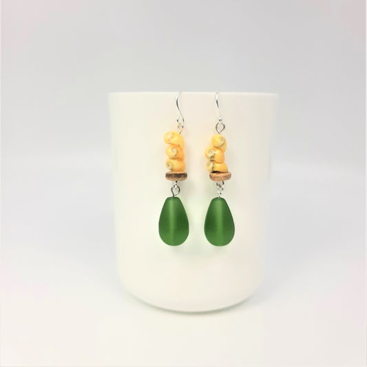 Snail Shells Gold + Coconut Spacers + Green Recycled Glass Teardrop Earrings