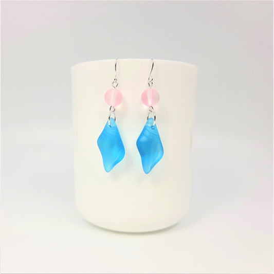 Recycled Glass Shells Blue + Pink Iridescent Fused Glass Earrings