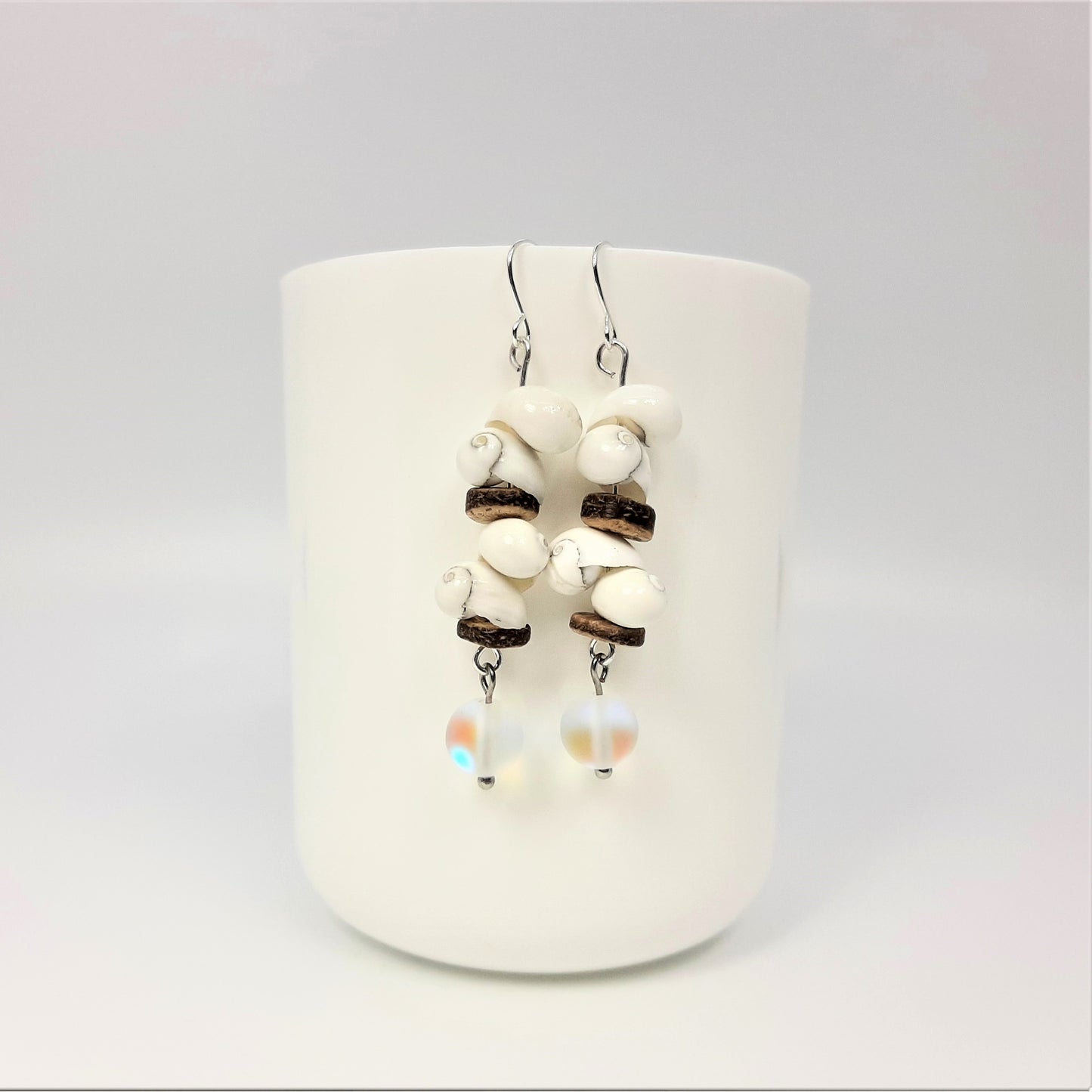 Snail Shell White + Coconut Spacers + Iridescent Fused Glass Earrings