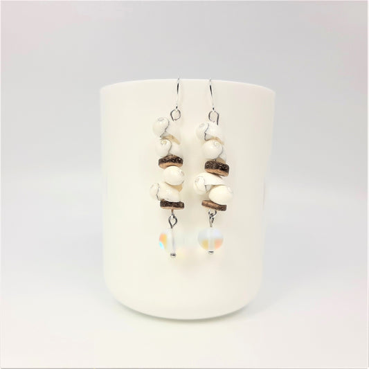 Snail Shell White + Coconut Spacers + Iridescent Fused Glass Earrings