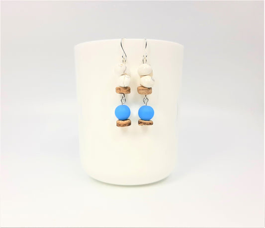 Snail Shell White + Coconut Beads + Recycled Glass Blue Earrings