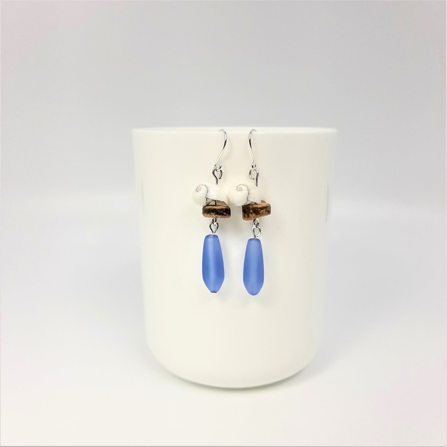 Snail Shell White + Recycled Glass Sea Blue Teardrop Earrings
