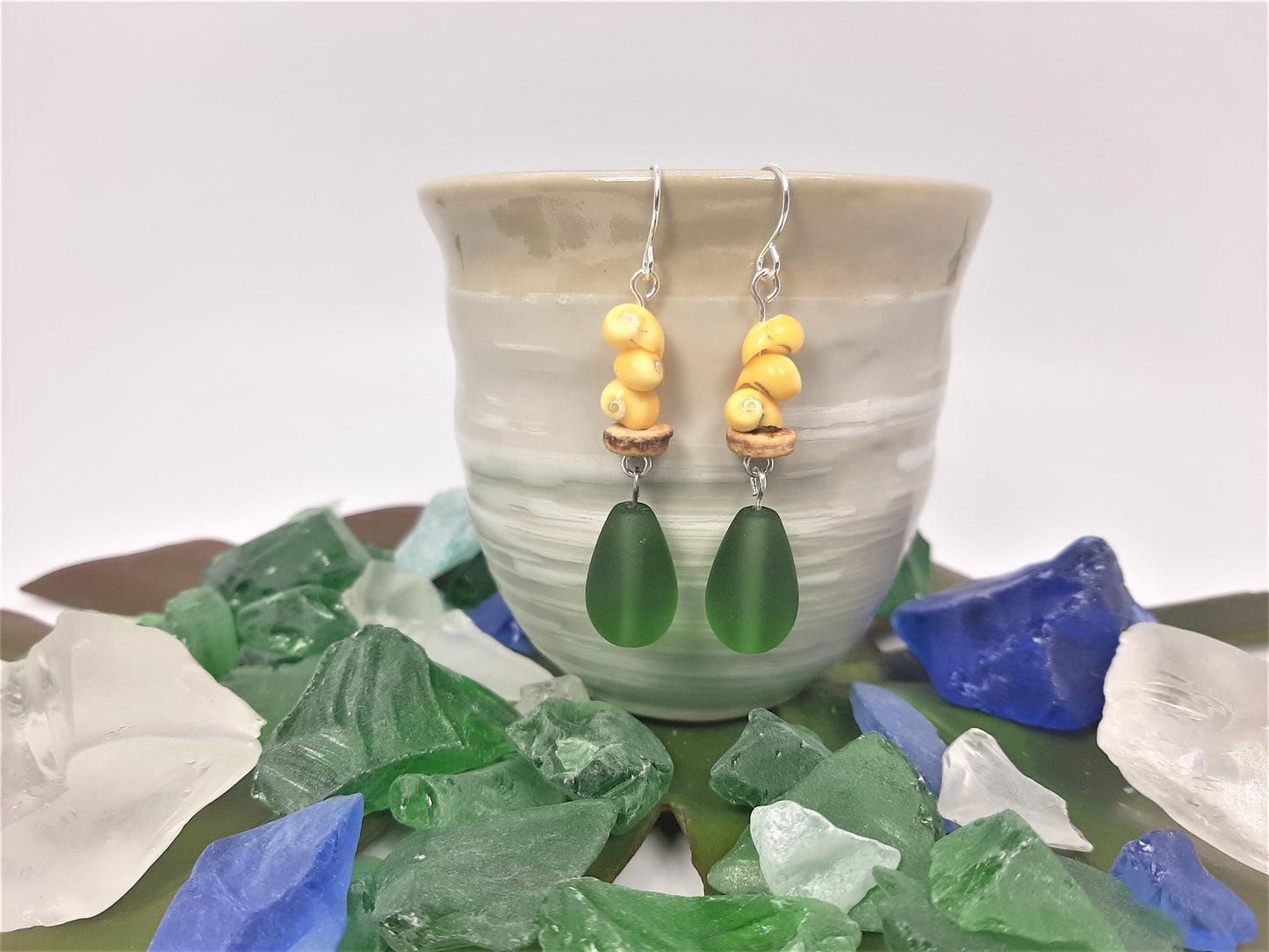 Snail Shells Gold + Coconut Spacers +  Green Recycled Glass Teardrop Earrings