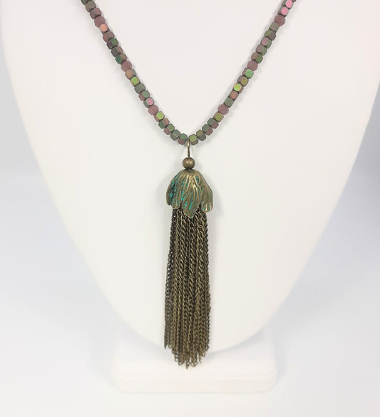 Tassel Patina Pendant + Hematite Dyed Cube Bead Necklace