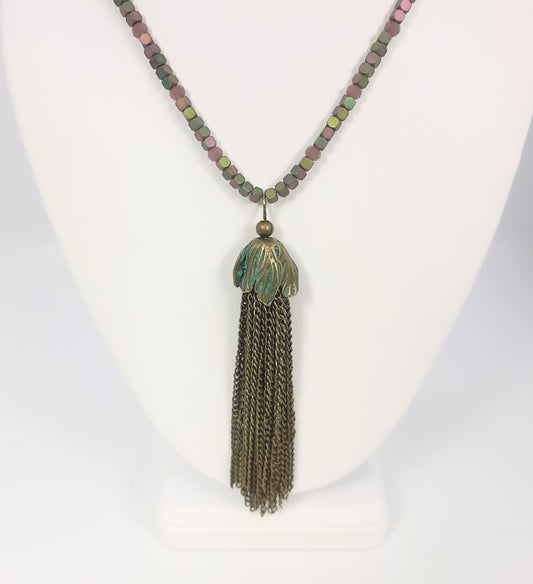 Tassel Patina Pendant +  Hematite Dyed Cube Bead Necklace