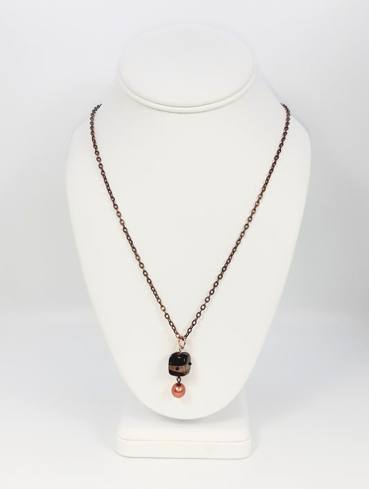 Blown Glass Cube Pendant + Copper Tone Necklace