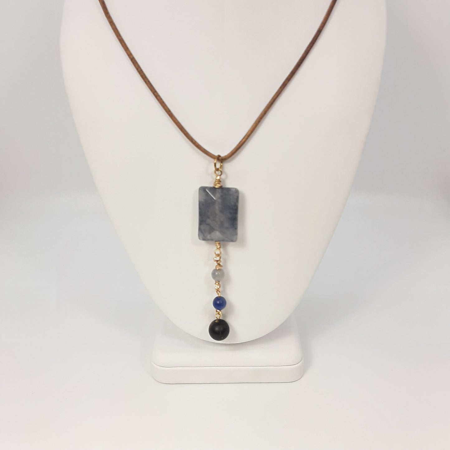 Blue Calcite + Blue Aventurine + Matte Agate Pendant on Long Leather Cord Necklace