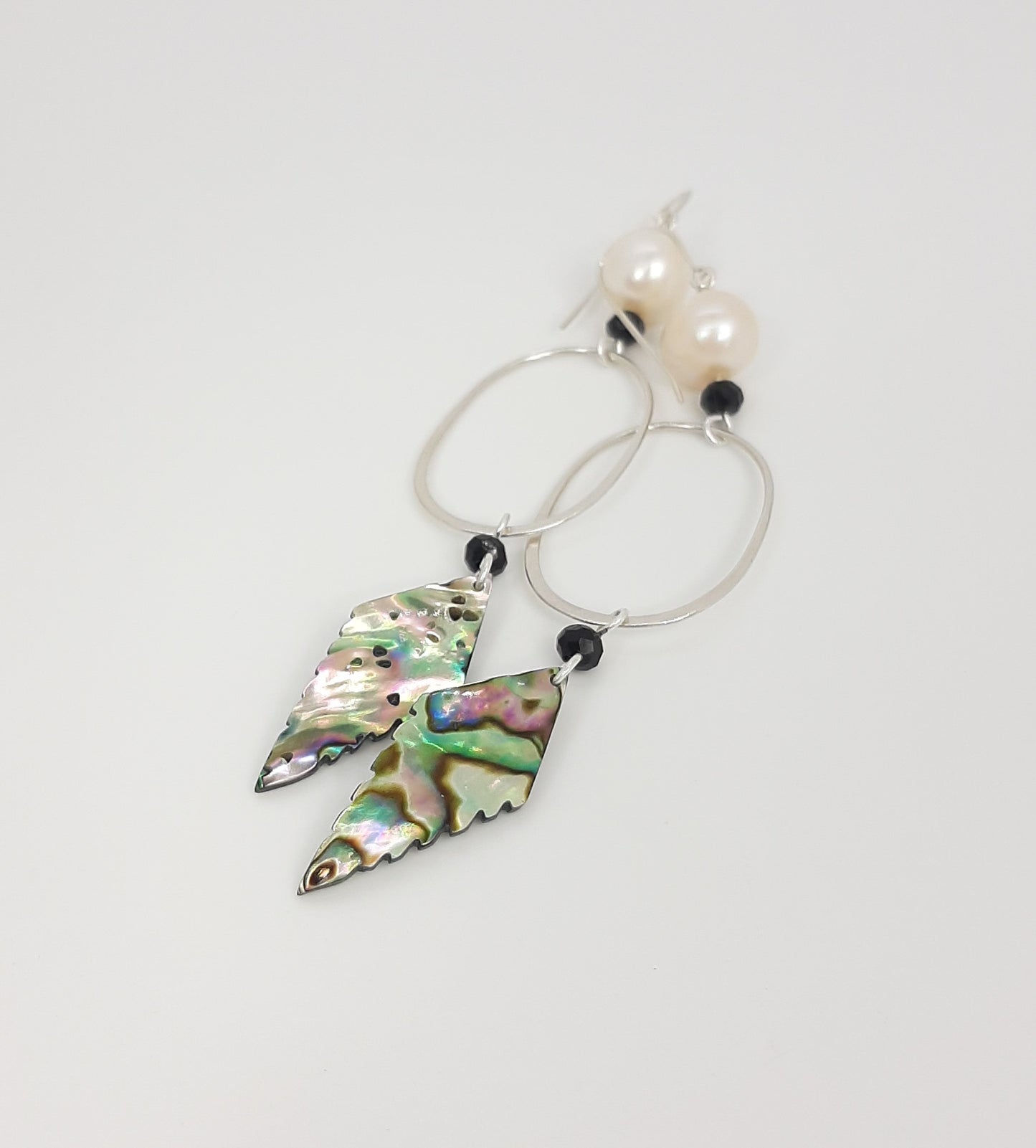 Abolone + Freshwater Pearls + Sterling Silver Oval Link Earrings