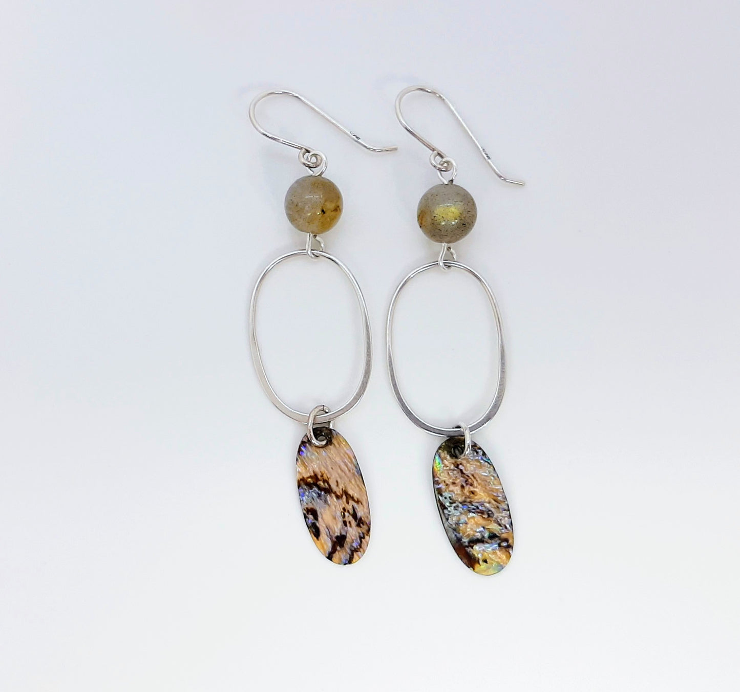 Abalone Oval + Laborodite  + Sterling Silver Oval Link Earrings
