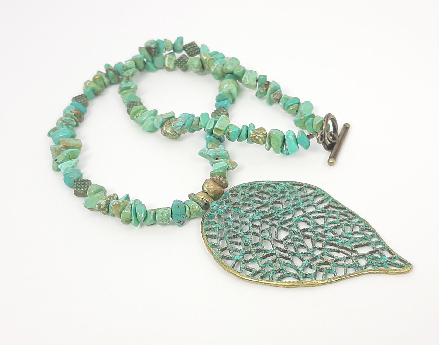Howlite Dyed Chip Beads + Large Patina Leaf Pendant Necklace