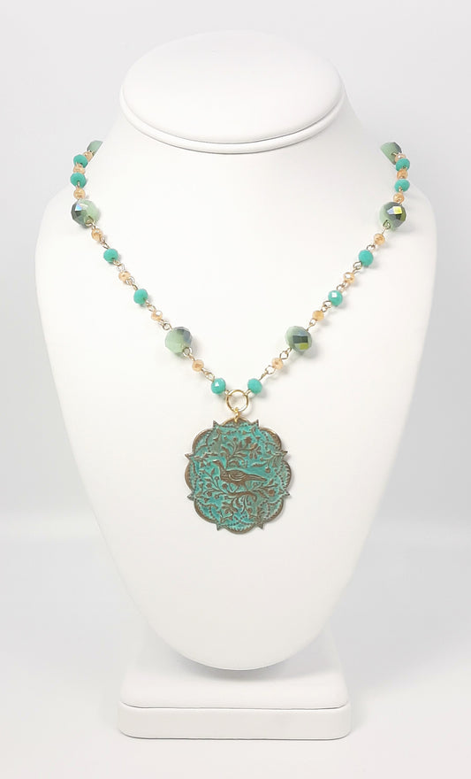 Bird Tapestry Patina Medallion + Shimmering Handmade Chain Necklaces