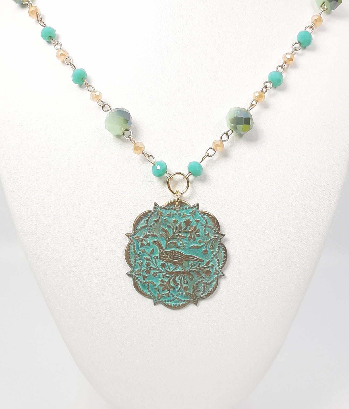 Bird Tapestry Patina Medallion + Shimmering Handmade Chain Necklaces