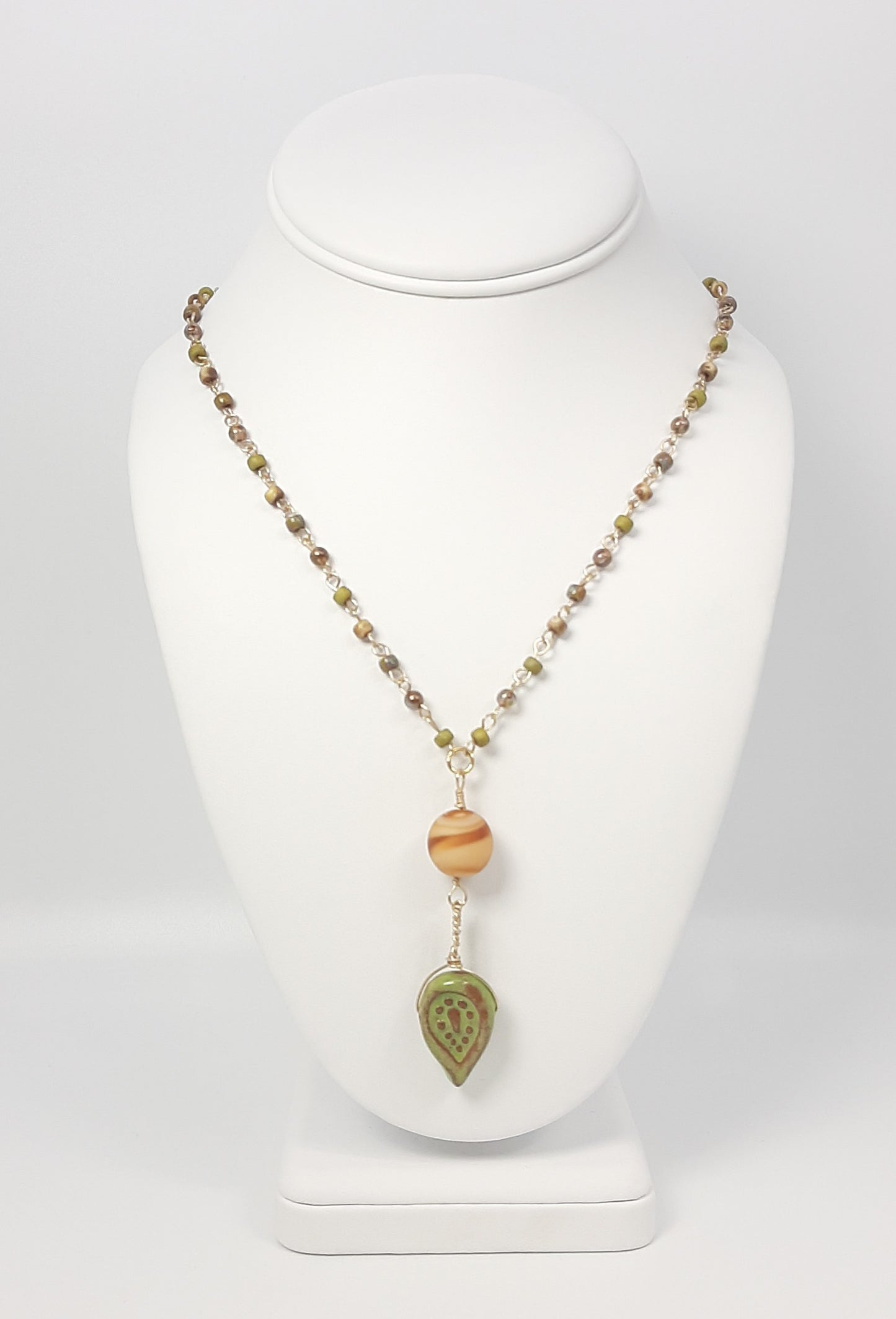 Paisley Ceramic Pendant + Handmade Fired Czech Glass Beaded Chain Necklace