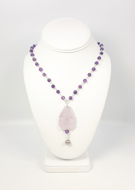 Amethyst Handmade Chain + Flourite Pendant+ Freshwater Pearl Drop Necklace