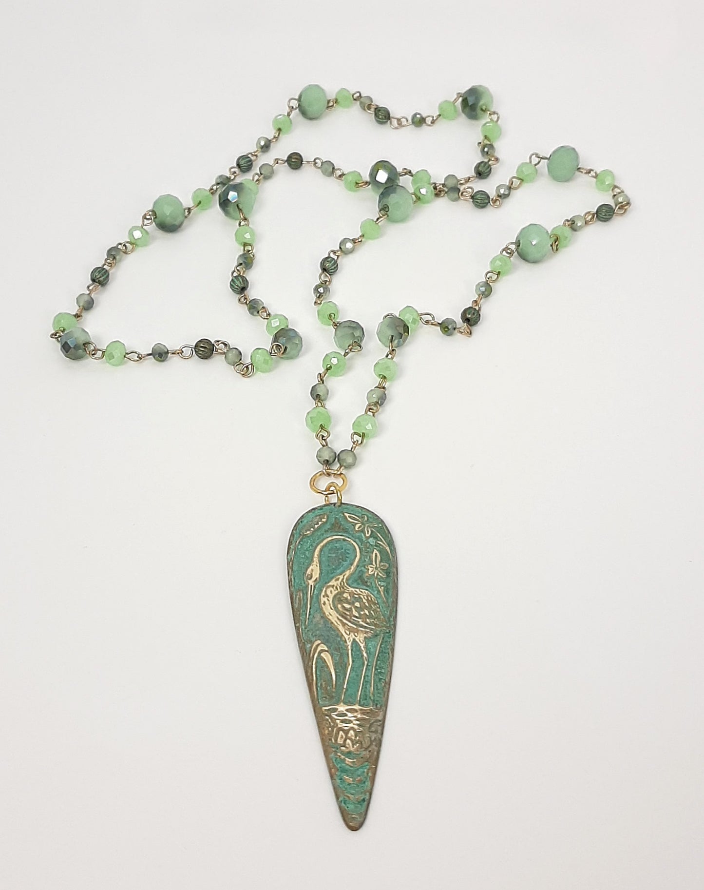 Heron Teardrop Patina Pendant + Shimmering Glass Handmade Chain Necklace