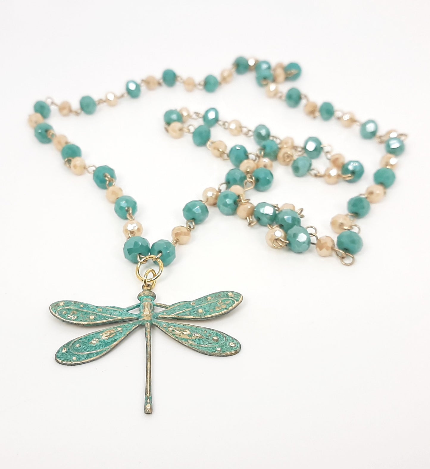 Dragonfly Patina Pendant Necklace + Shimmering Handmade Chain