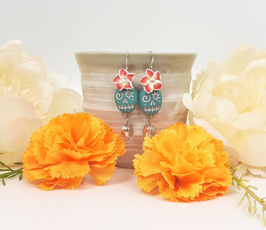 Matte Turquoise Skull + Crimson Hibiscus Earrings