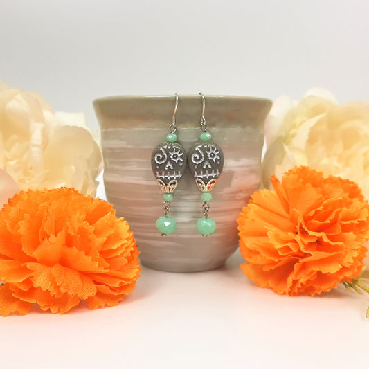 Gray Skull + Mint Green Dangle Earrings