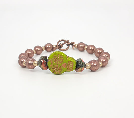 Chartreuse Skull + Latte Czech Glass Bracelet