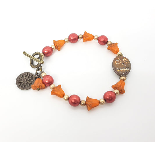 Iridescent Latte Skull+ Tulips + Crimson Beaded Bracelet